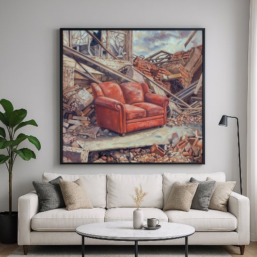 廃墟に佇む赤いソファ - 予期せぬ美しさのアート ポスター