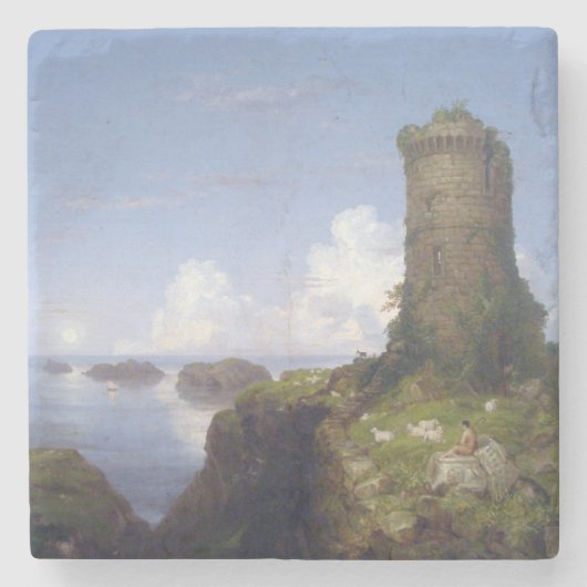 廃墟イタリアンとなった塔のある沿岸の風景 ストーンコースター (正面)