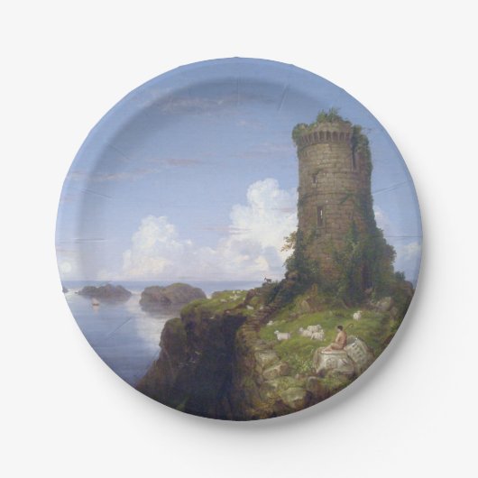 廃墟イタリアンとなった塔のある沿岸の風景 ペーパープレート (正面)