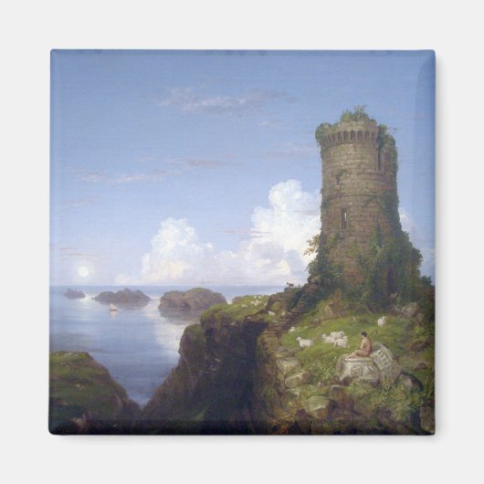 廃墟イタリアンとなった塔のある沿岸の風景 マグネット (正面)