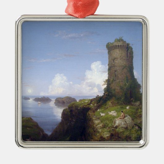 廃墟イタリアンとなった塔のある沿岸の風景 メタルオーナメント (正面)