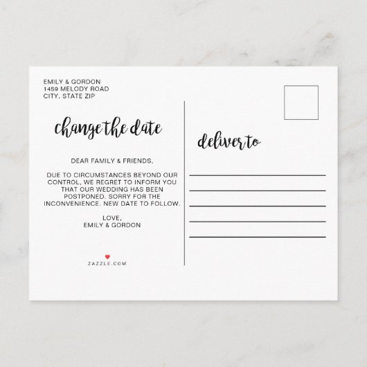 延期されたお知ら結婚せの変更 インビテーションポストカード (裏面)
