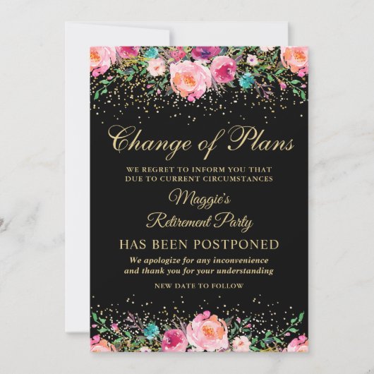 延期されたアナウンスフローラの退職パーティー 招待状 (正面)