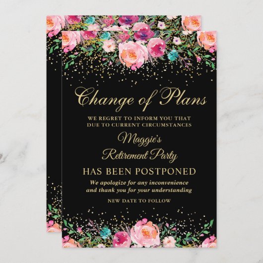 延期されたアナウンスフローラの退職パーティー 招待状 (正面/裏面)