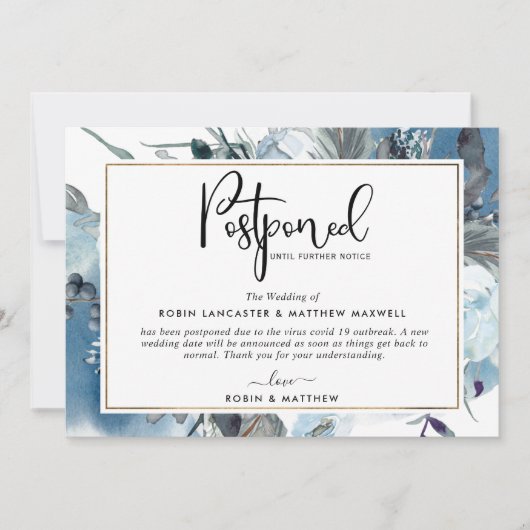 延期されたイベントアナウンスブルーフローラカード 招待状 (正面)