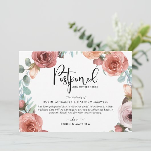 延期されたイベント発表ほこりっぽいブルーピーチカード 招待状 (スタンド正面)