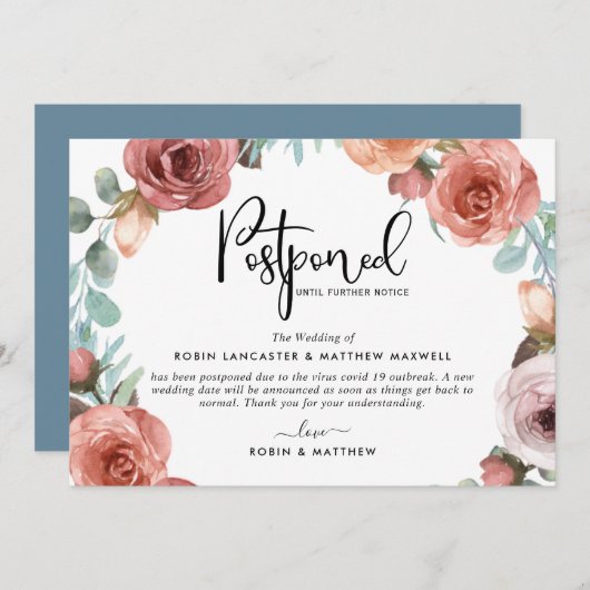 延期されたイベント発表ほこりっぽいブルーピーチカード 招待状 (正面/裏面)