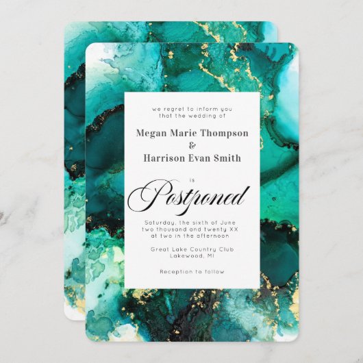 延期されたエメラルドジュエルトーン結婚式招待状 招待状 (正面/裏面)