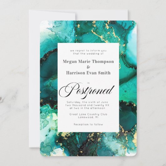 延期されたエメラルドジュエルトーン結婚式招待状 招待状 (正面)