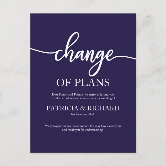 延期されたネイビー結婚ブルーの計画の変更 ポストカード (正面)
