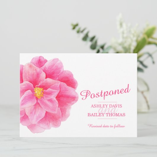 延期されたピンクの椿結婚のキャンセル 案内状 (スタンド正面)