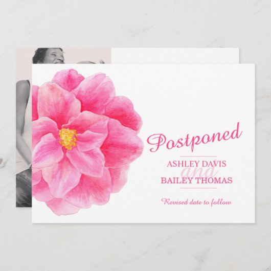 延期されたピンクの椿結婚のキャンセル 案内状 (正面/裏面)