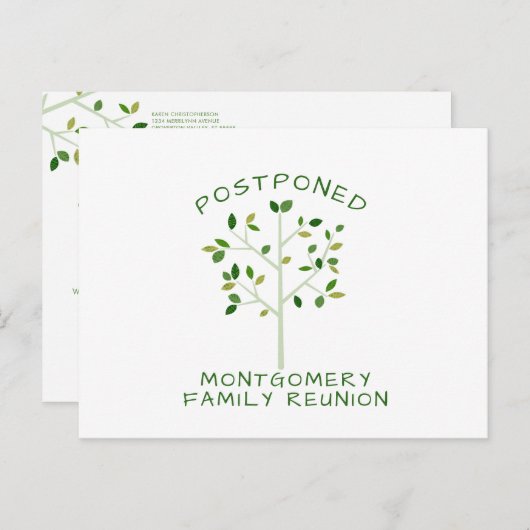 延期されたファミリー懇親会シンプルグリーンファミリーツリー インビテーションポストカード (正面/裏面)