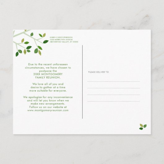 延期されたファミリー懇親会シンプルグリーンファミリーツリー インビテーションポストカード (裏面)