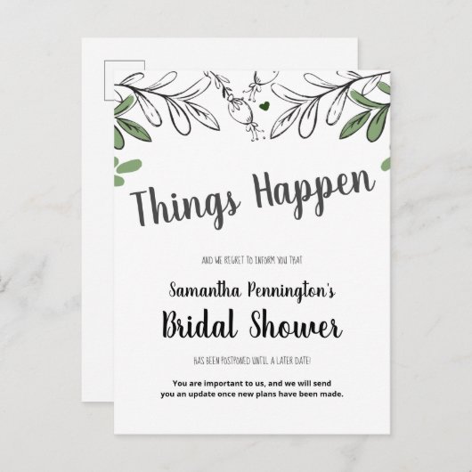 延期されたブライダルシャワーお洒落つる植物と花 インビテーションポストカード (正面/裏面)
