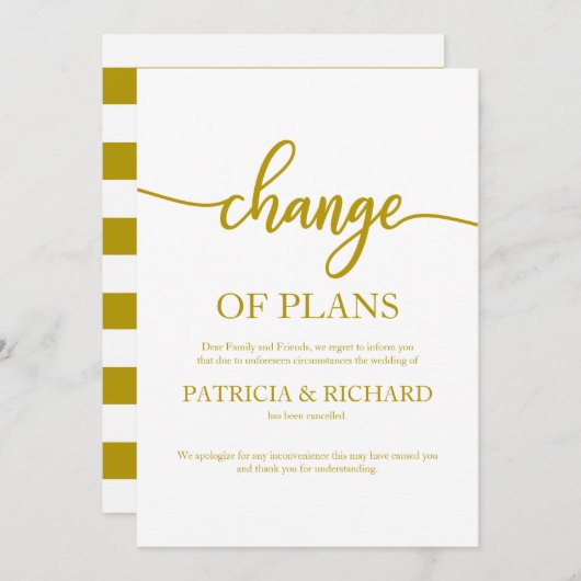延期されたプランの変更の取り消結婚し金ゴールド 招待状 (正面/裏面)