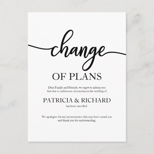 延期されたプランの変更の取り消結婚し ポストカード (正面)