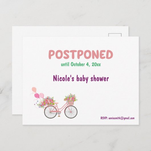 延期されたベビーシャワーと再予定日RSVP 案内ポストカード (正面/裏面)