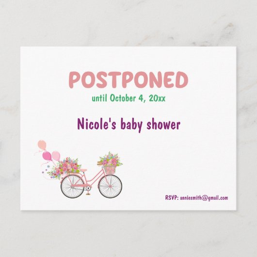 延期されたベビーシャワーと再予定日RSVP 案内ポストカード (正面)