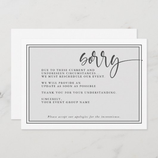 延期されたモダンイベント申し訳なくスケジュール変更イベント 招待状 (正面/裏面)