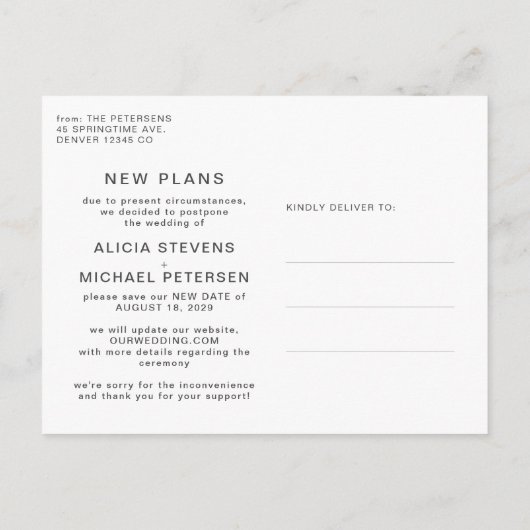 延期された写真結婚の日付を救変更 案内ポストカード (裏面)