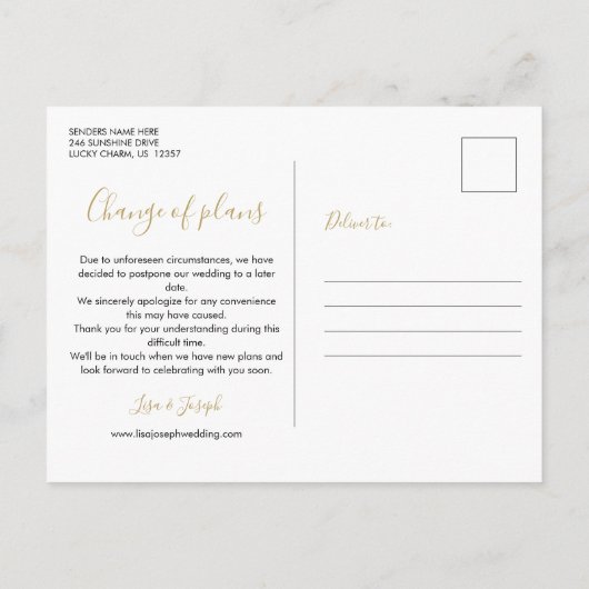 延期された取り消されたシックバラ金ゴールドの変更 ポストカード (裏面)