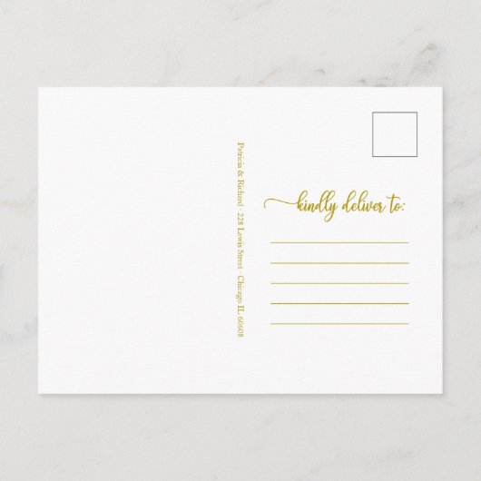 延期された新しいプ結婚ランの発表金ゴールド ポストカード (裏面)