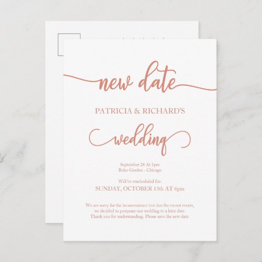 延期された新しい結婚日付の発表バラ金ゴールド ポストカード (正面/裏面)