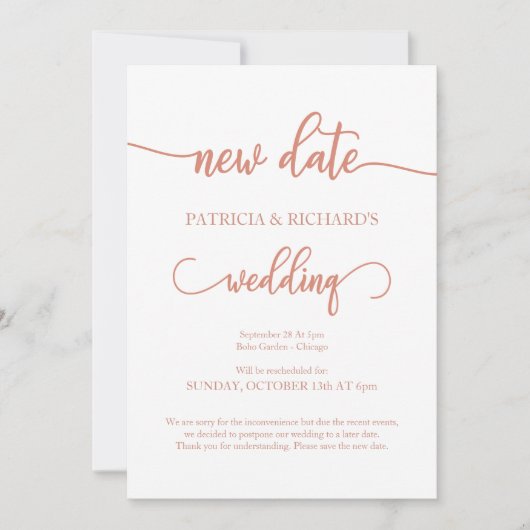 延期された新しい結婚日付の発表バラ金ゴールド 招待状 (正面)