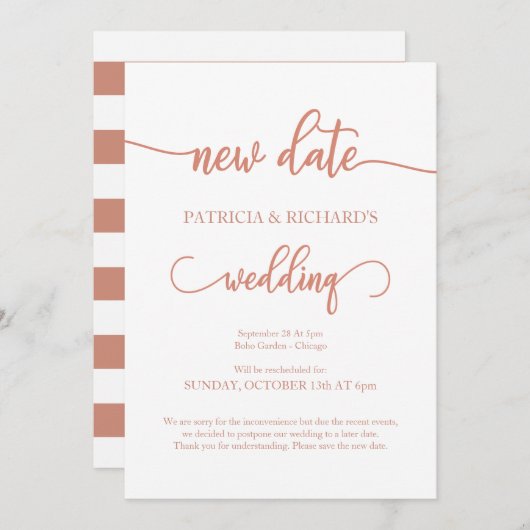 延期された新しい結婚日付の発表バラ金ゴールド 招待状 (正面/裏面)