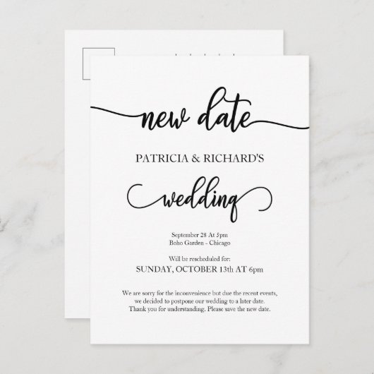 延期された新しい結婚日付の発表 ポストカード (正面/裏面)