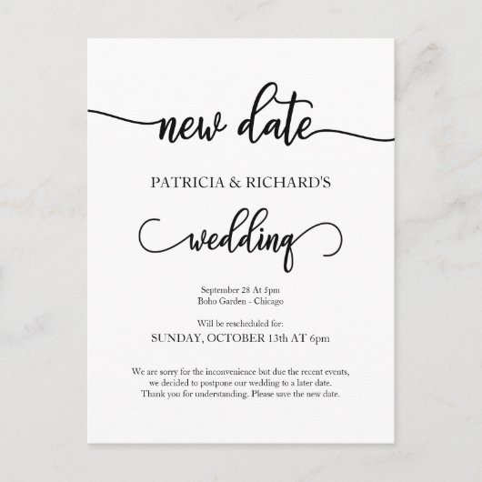 延期された新しい結婚日付の発表 ポストカード (正面)