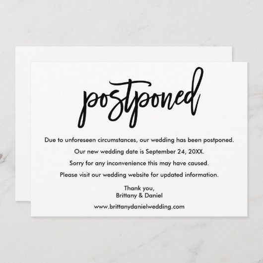 延期された新結婚しい日付ブラシスクリプトカード セーブザデート (正面/裏面)