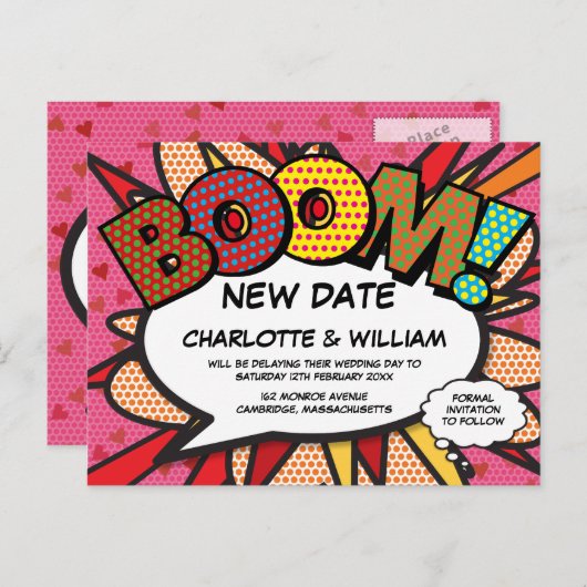 延期された日付のおもしろい漫画帳の変更 案内ポストカード (正面/裏面)