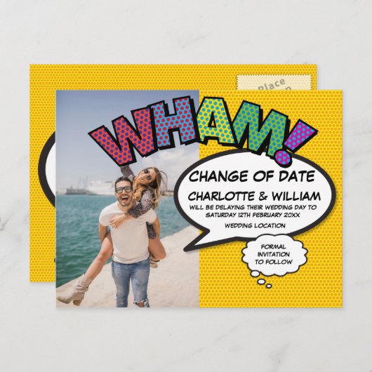 延期された日付の変モダン更おもしろい写真 案内ポストカード (正面/裏面)