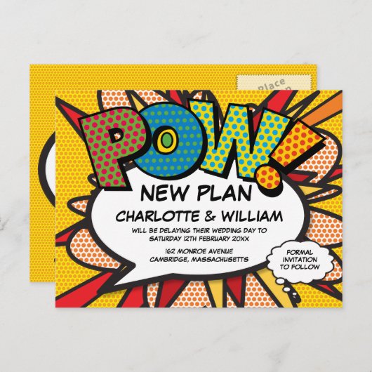 延期された日付変更おもしろい漫画帳 案内ポストカード (正面/裏面)