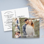 延期された日付結婚の4つの写真のコラージュの変更 ポストカード<br><div class="desc">あなたの計スタイリッシュ画が変わったらこのハガキ結婚を出しなさい。ポストカードは4枚のお気に入りの写真と前後のカスタム文字を備えている。シンプルとおもしろいスタイリッシュはエレガント、今日の多くのスタイルと美しく協調結婚している。</div>