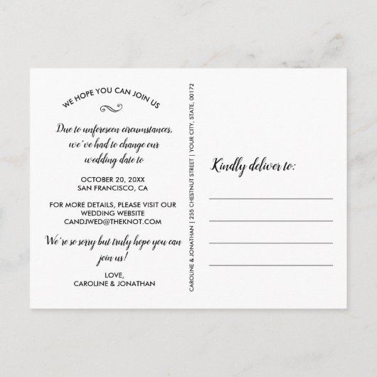 延期された日付結婚の4つの写真のコラージュの変更 ポストカード (裏面)