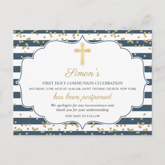 延期された発表金ゴールドブルーFirst Communion ポストカード (正面)