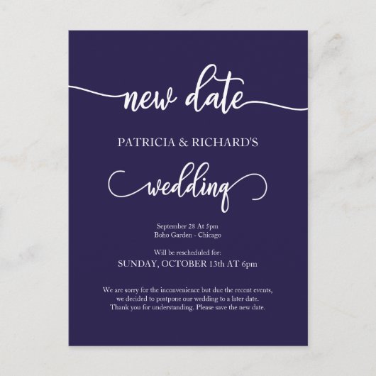 延期された結婚式のご案内 ネイビーブルー ポストカード (正面)