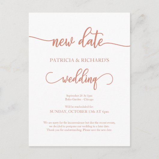 延期された結婚式の新日程のお知らせ ローズゴールド ポストカード (正面)