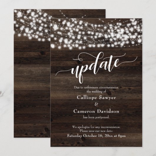 延期された結婚式の最新カード Rustic Wood & Lights 招待状 (正面/裏面)