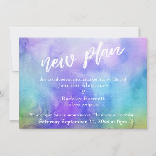 延期された結婚式の水彩画「新しい計画」カード 招待状 (正面)