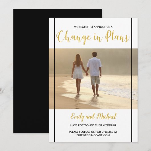 延期された結婚式　ブラック＆ゴールド　写真での発表 招待状 (正面/裏面)