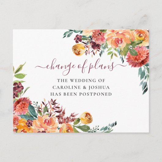 延期された結婚式 秋の花 日程変更 ポストカード (正面)