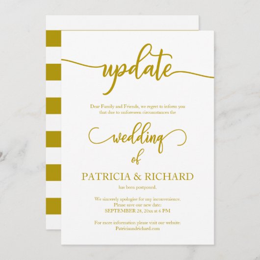 延期された結婚発表金ゴールドスクリプトの更新 招待状 (正面/裏面)