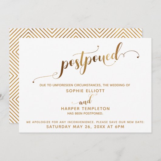 延期された結婚詳細金ゴールドハート書道 招待状 (正面/裏面)