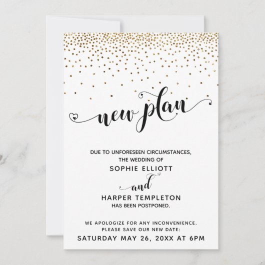 延期された結婚金ゴールド紙吹雪とハートの新しい計画 招待状 (正面)