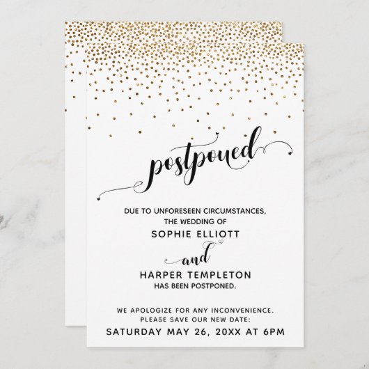 延期された結婚金ゴールド紙吹雪とハートスクリプト 招待状 (正面/裏面)