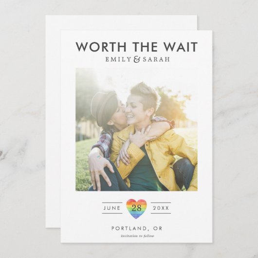 延期されたLGBTQウェディングのSave the Date(写真付き) セーブザデート (正面/裏面)
